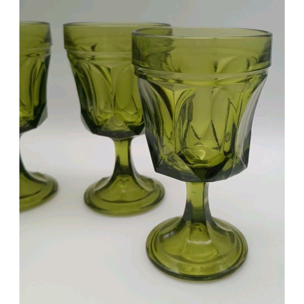 3 Anchor Hocking Vintage Fairfield Avocado Green Stemmed Goblets Glasses 6"